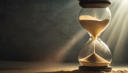 Elegant hourglass with flowing sand, symbolizing passing time and the concept of a timekeeper in a luxury setting. Stock photo - obrazy, fototapety, plakaty