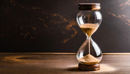 Elegant hourglass with flowing sand, symbolizing passing time and the concept of a timekeeper in a luxury setting. Stock photo