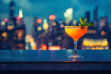Manhattan skyline backdrop, an image featuring a Manhattan cocktail with a city skyline in the background. - obrazy, fototapety, plakaty