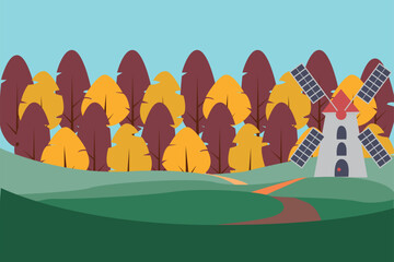 Vector image of trees and a mill. With fields of wheat.