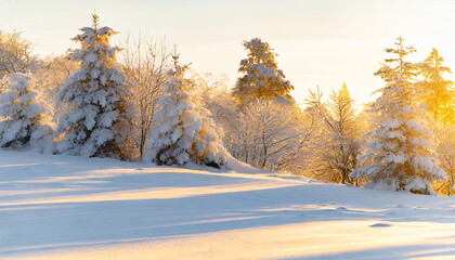 Winter wonderland: Snow-covered landscape with trees under bright sun