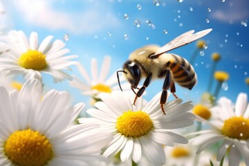  a bee sitting on top of a white flower next to a bunch of white and yellow daisies with bubbles of water on the top of the petals and a blue sky in the background. - obrazy, fototapety, plakaty