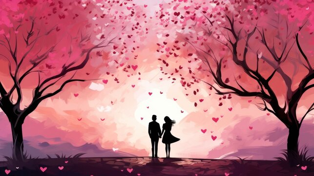  a painting of a man and a woman standing in front of a tree with hearts flying in the air over a field of grass and trees with pink and red leaves.