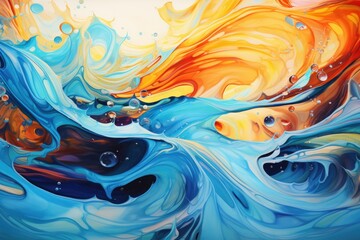  an abstract painting of blue, orange, yellow and white colors with bubbles and bubbles on the bottom of the painting and the bottom of the painting is blue and orange.