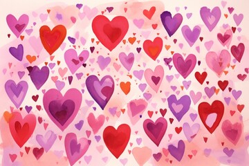  a painting of a bunch of hearts on a white background with red, pink, purple, and red hearts in the middle of the frame and bottom half of the picture.