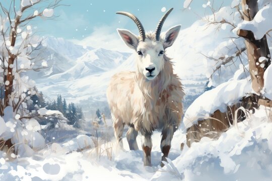  a painting of a mountain goat standing in the snow in front of a snowy landscape with trees and a mountain in the distance with a blue sky in the background.