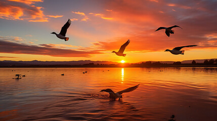 A flock of birds flying over a tranquil lake at sunset.