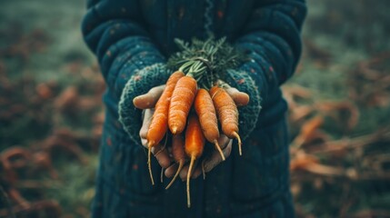  a close up of a person holding a bunch of carrots in their hands with the tops of the carrots still attached to the tops of the tops of the carrots. - obrazy, fototapety, plakaty