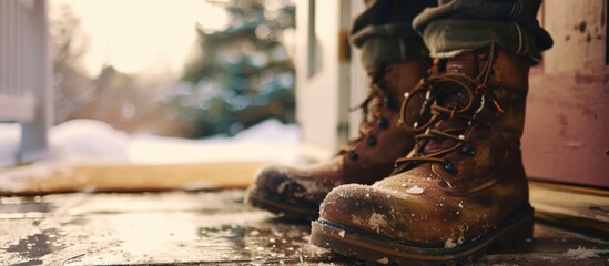 Close-up of winter boots near the front door. - obrazy, fototapety, plakaty