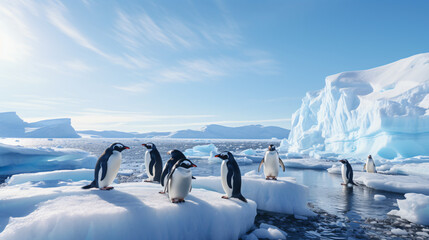 A group of penguins on an icy Antarctic shore under a clear sky.