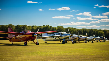A group of small propeller planes lined up at a rural flying club on a sunny day. - obrazy, fototapety, plakaty
