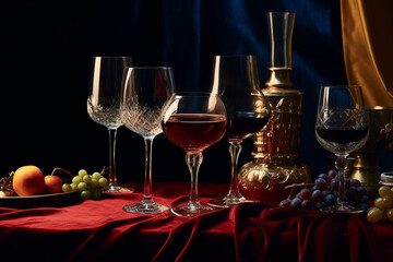 Still life and beverages concept.Various shapes and forms drinking glasses in fancy background with copy space. Minimalist style