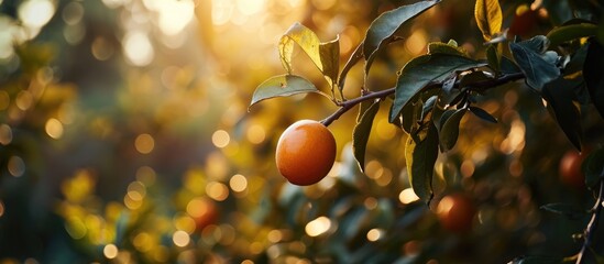 Morning light illuminates a mature fruit on the tree.