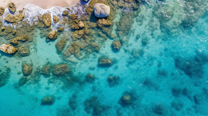 Obraz na płótnie Canvas An aerial view of a coral reef in clear blue ocean waters.