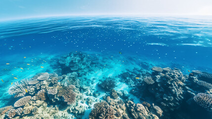 Fototapeta na wymiar An aerial view of a coral reef in clear blue ocean waters.