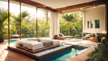 Bedroom with pool, tropical plants contemporary - obrazy, fototapety, plakaty