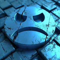 3d illustration of metal face with sad expression over blue cracked background