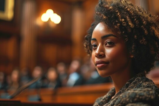 A female public defender passionately presenting a case in a court of justice