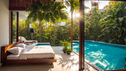 Bedroom with pool, tropical plants residence