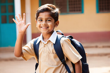 Portrait of a happy Indian little boy in school uniform with backpack waving a hand to the camera with a smile. - obrazy, fototapety, plakaty
