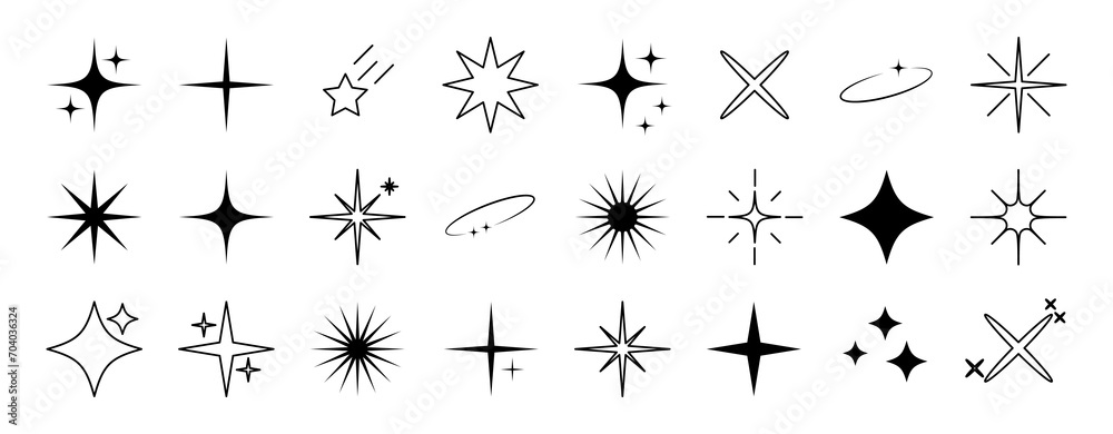 Wall mural retro futuristic sparkle icons collection. set of star shapes. abstract shine symbols, y2k elements.