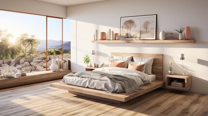 Modern bedroom interior with large windows and a beautiful view