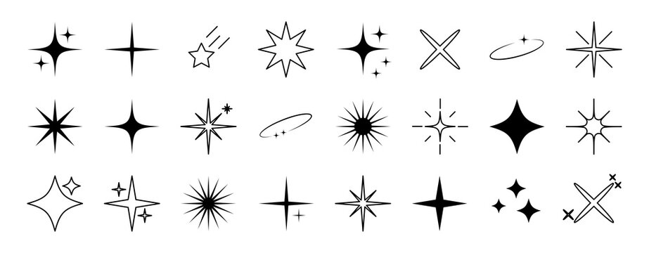 Retro futuristic sparkle icons collection. Set of star shapes. Abstract shine symbols, Y2k elements. Perfect for design posters, projects, banners, logo. Vector illustration