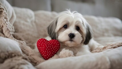 puppy in a heart  A havanese puppy with a silky cream coat and gray spots is holding a red heart-shaped pillow