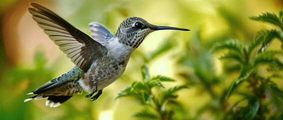 A close-up of a hummingbird flying near a flower.