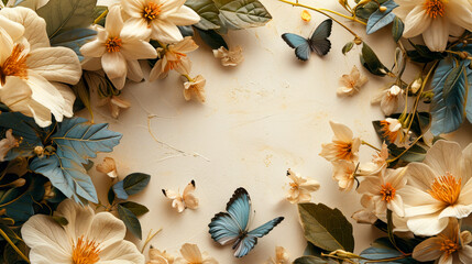 greenery and butterflies in the form of a frame on a light background with space for text