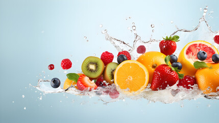 fresh fruits with water splash isolated on light color background with copy space