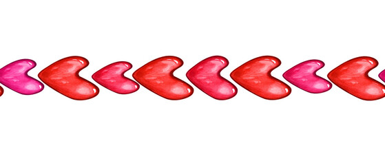 Seamless border with red hearts. Candies, bonbons, lollipop, sugar caramels on stick. Watercolor illustration for decor, design. Valentines day, Mother day, Save the Date. Repeatable frame