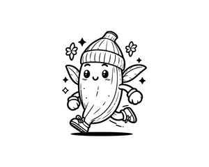 Cute Cartoon of banana illustration for coloring book outline line art. banana mascot design with dynamic pose