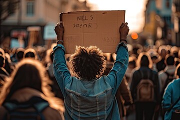 Man holding up a cardboard sign in a crowd, - obrazy, fototapety, plakaty
