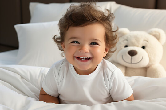 Smiling Baby on White Bed with Plush Toys in Bright Room, Medium Shot, High Quality Image