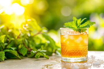 Mint Julep garden setting, an image featuring a Mint Julep cocktail served in a garden or outdoor setting, with fresh mint leaves and a stylish presentation.