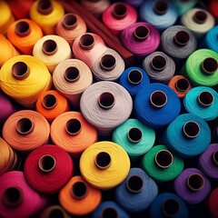 Multi colored spool close up sewing thread background, AI Generative.