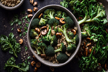 Obraz na płótnie Canvas Healthy vegetarian food broccoli, mushrooms, spinach, and quinoa in a bowl. flat lay. top view