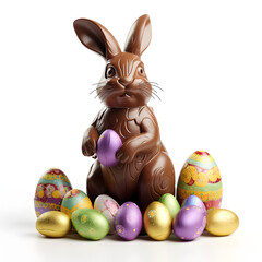 Chocolate Easter bunny with Easter eggs 