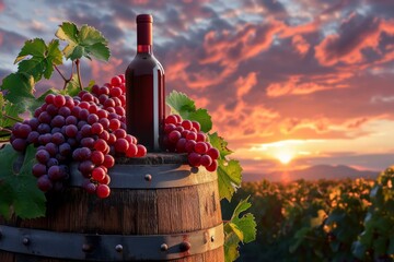 Wine barrel with red grapes and red bottle in front of a sunset