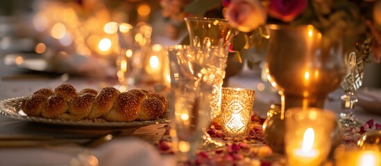 Challah-bread at Orthodox Jewish wedding with elegant table decor: dried flowers, roses, floral vases, candles, gold glasses, pink petals.