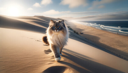 A Ragdoll cat walking on the sand at the beach, with the ocean and sand dunes in the background. - obrazy, fototapety, plakaty