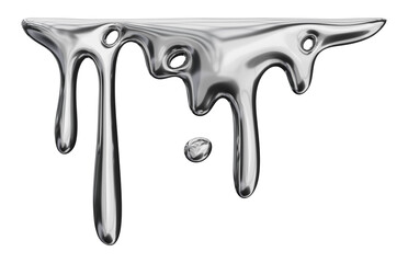 3d chrome metal melting fluid shape. Abstract dripping liquid mercury metallic icon. 3d rendering aluminum gradient shape design element isolated on white background. Brutalist futuristic style