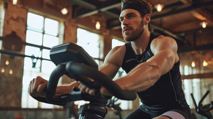 A man works out on an exercise bike at the gym, strength training exercises cardio exercise
