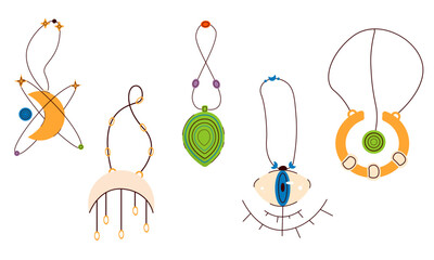 Flat vector illustration of pendants, talismans, magic stones in a simple style.