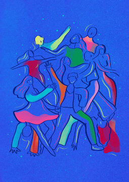 People dancing in the night time, hand drawn illustration