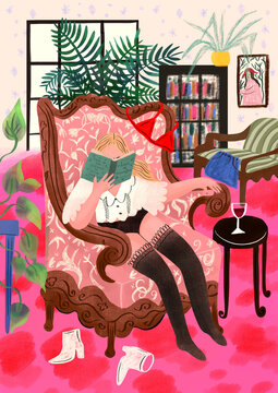 Woman sitting on an antique chair reading a book and drinking wine, hand drawn illustration