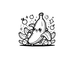 Cute Cartoon of banana illustration for coloring book outline line art. banana mascot design with dynamic pose