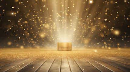 Golden confetti rains on a festive stage with a central light beam, an empty night room mock up for award ceremonies, jubilees, New Year's parties, or product presentations