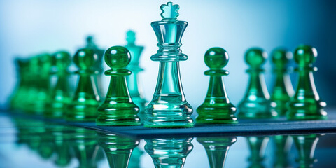 A chess game with a large chess piece on the table, 3D icon chess pieces on board represent strategy, Colorful abstract background with white chess pieces representing game and strategy, generative 

